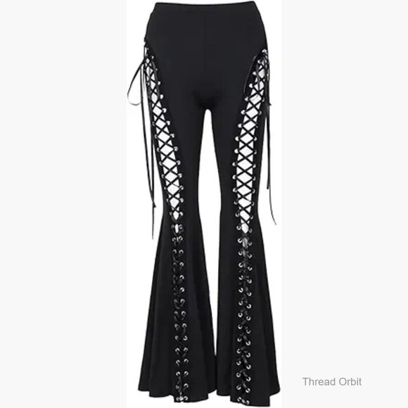 Stretch Bell Bottom Pants with Lace-Up Cutout Design for Women